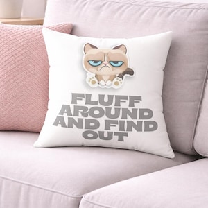 Puede incluir: Cojín cuadrado blanco con una imagen de dibujos animados de un gato gruñón y el texto "FLUFF AROUND AND FIND OUT" en gris. El cojín está sobre un sofá rosa claro.