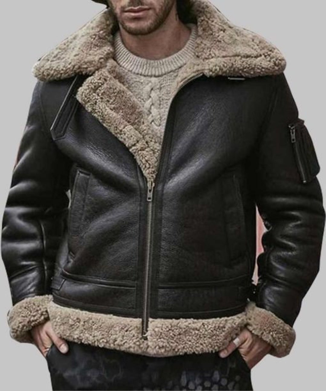 Men's B3 Style Black Sheepskin Leather Shearling Jacket - Etsy
