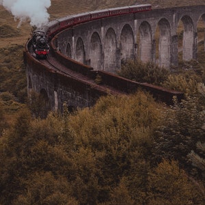 Può includere: Un treno a vapore rosso e nero viaggia su un ponte ad arco di pietra. Il treno emette fumo ed è circondato da alberi verdi e un cielo nuvoloso.