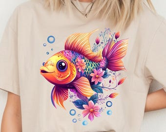 Rainbow Fish PNG Clipart: Floral Tropical Design (Digital Download)