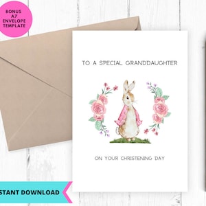 Cartão de Batizado para Imprimir, Cartão de Coelhinho Rosa para Menina, Cartão de Batismo, Cartão de Batismo para Sobrinha, Cartão de Batismo para Neta, digital,pdf