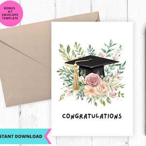 Carte florale de remise des diplômes, jolie diplômée florale, fleurs de chapeau de remise des diplômes, félicitations, téléchargement immédiat, imprimable, numérique, pdf