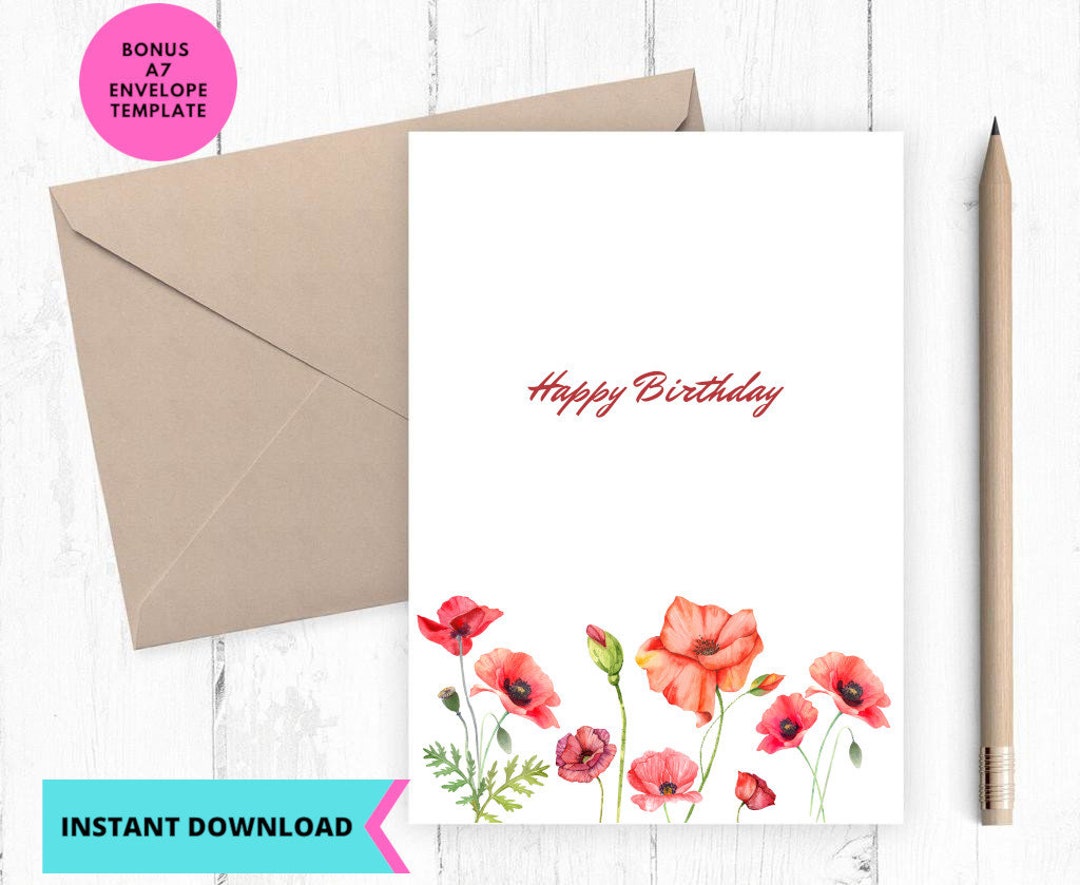 Printable Birthday Card, Poppy Flowers Happy Birthday Card, Greeting ...