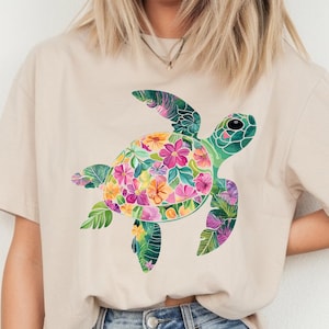 Floral Turtle PNG – Tropical Watercolour Sea Turtle Clipart for Beach Shirts & Sublimation Projects,  Mugs and Crafts, DTF Transfer Clipart