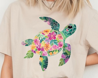 Floral Sea Turtle PNG: Tropical Watercolor Clipart (Digital Download)