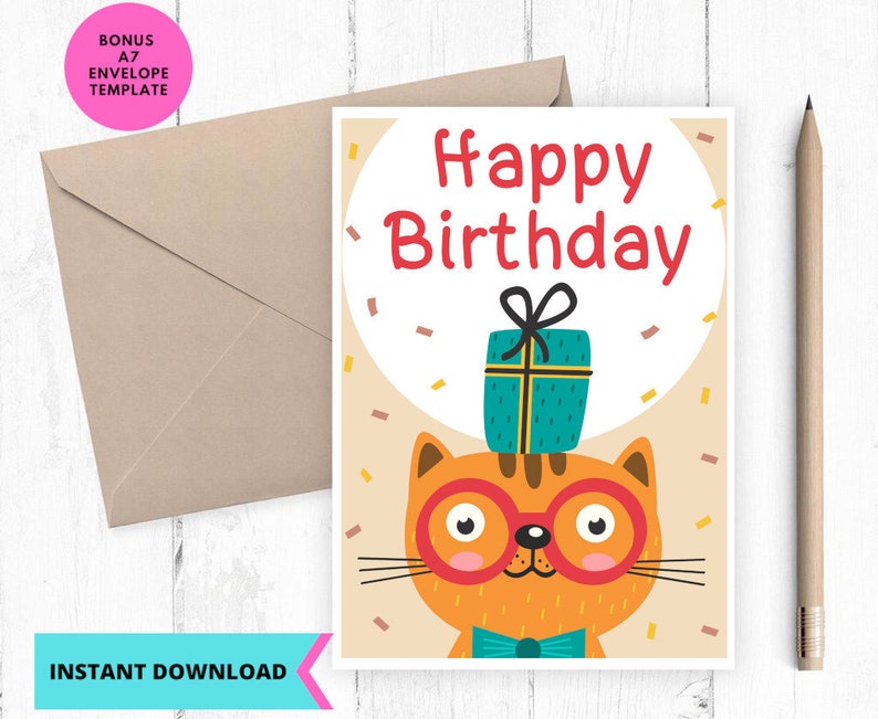 Printable Birthday Card Cat Happy Birthday Card Greeting - Etsy