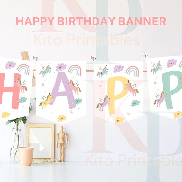 Unicorn Party Happy Birthday Banner Magical Pastel Colors Birthday banner Decor PRINTABLE 005 Instant Download