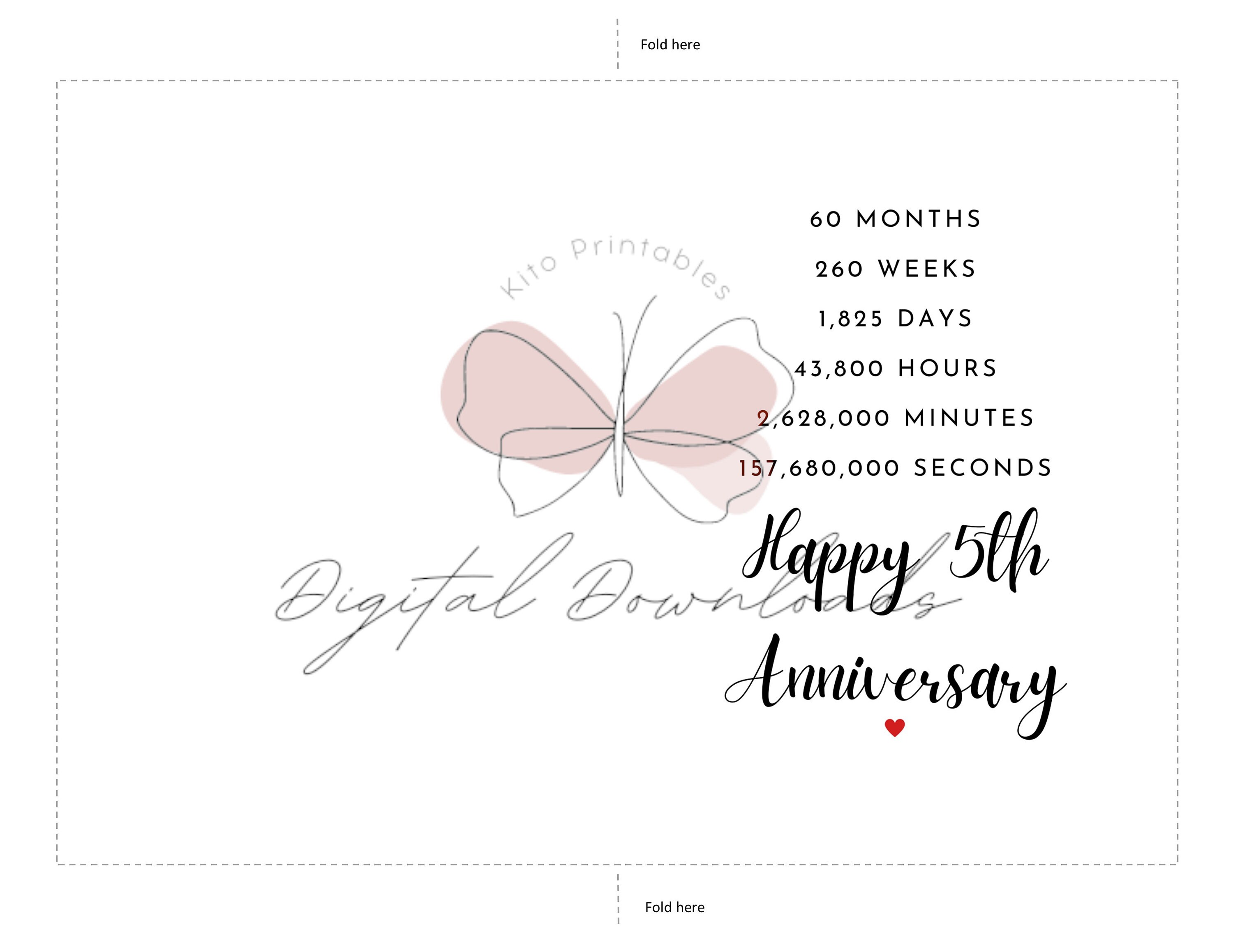 Printable Anniversary Card, Fifth Anniversary Card, 5th Anniversary ...