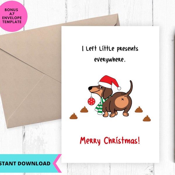 Printable Christmas Card, Christmas Card, dog, dachshund, teckel, merry christmas, gifts, santa, funny card, Printable, Digital, Download