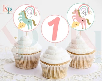 Printable One 1 Unicorn Cupcake Topper Birthday Party Magical party Theme Digital 005
