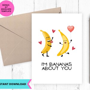 Cartão de amor para impressão, cartão engraçado de dia dos namorados, cartão I'm Bananas About You, download instantâneo, para impressão, digital, pdf