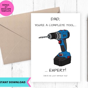 Cartão para impressão, Cartão engraçado para o dia dos pais, PAI EXPERTO EM FERRAMENTAS, Cartão de felicitações, Para impressão, Digital, Baixar
