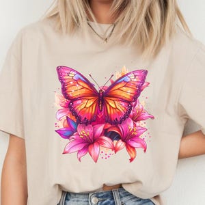 Pink Orange Butterfly and Flowers PNG – Vibrant Floral Clipart for Sublimation Shirts, Mugs & Crafts, DTF Transfer Clipart