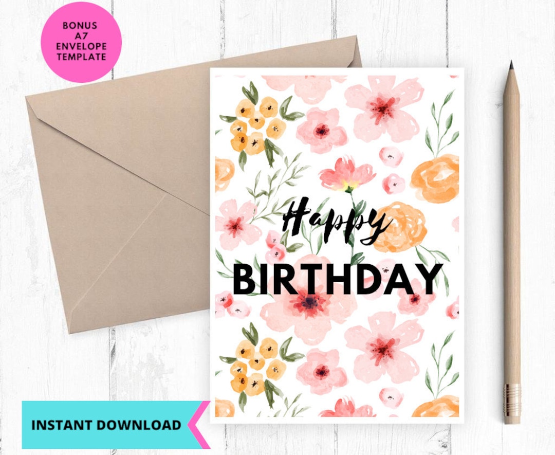 Printable Birthday Card, Floral Happy Birthday Card, Flowers ...