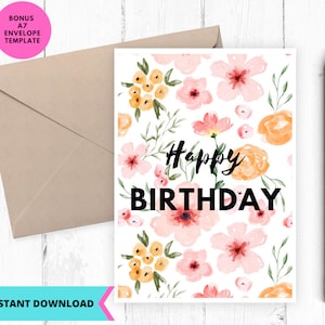Tarjeta de cumpleaños imprimible, tarjeta de feliz cumpleaños floral, flores, acuarela, tarjeta de felicitación, imprimible, digital, descarga