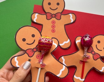Printable Christmas Lollipop Favors, Classmate gifts, Gingerbread Man lollies, Lollipop digital covers, Gifts for kids, gift tag Christmas