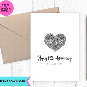 Tarjeta de aniversario imprimible, tarjeta de aniversario de bodas, tarjeta de boda, 13 aniversario, aniversario de encaje, amor, imprimible, digital, descarga
