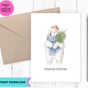 Tarjeta de Navidad Imprimible, Feliz Navidad, Felices Fiestas, Oso, Gorro, Bufanda, download imediato, Imprimible, Digital, pdf
