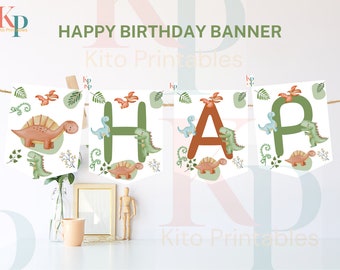 Dinosaur Party Happy Birthday Banner Prehistoric Jungle Birthday banner Decor PRINTABLE 006 Instant Download