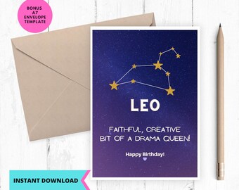Leo Birthday Card: Funny Zodiac Sign, August Birthday (Digital Download)