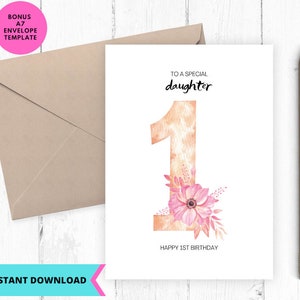 Afdrukbare gelukkige 1e verjaardag, verjaardagskaart dochter, eerste verjaardagskaart baby, wenskaart, afdrukbaar, digitaal, download