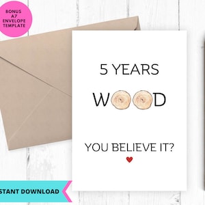 Afdrukbare jubileumkaart, trouwkaart, kaart wieden, 5e verjaardag, houten bruiloft, jubileum, afdrukbaar, digitaal, download