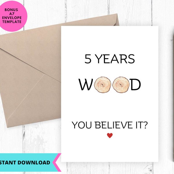 Printable Anniversary Card, wedding Anniversary card, weeding card, 5th anniversary, wood wedding, jubilee, Printable, Digital, Download