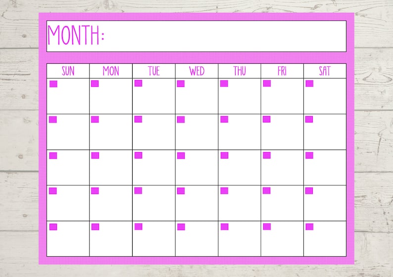 Printable Hot Pink Calendar, Printable, Blank Calendar, Digital