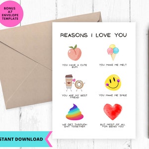 Printable Love Card, I love you card, Reasons I love you Card, instant download, Printable, Digital, pdf