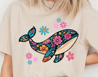 Balena floreale PNG: design luminoso tropicale a sublimazione (download digitale)