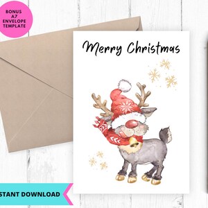 Afdrukbare kerstkaart, kerstkaart, vrolijk kerstfeest, Rudolph, rendier, muts, sjaal, instant download, afdrukbaar, digitaal, pdf