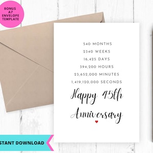 Afdrukbare jubileumkaart, jubileumkaart, 45e verjaardagskaart, voor haar, voor hem, dagen en maanden Afdrukbaar, Digitaal, download