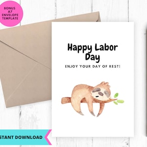 Printable Labor Day Card, Happy labor day card, Cute Resting Sloth Card, instant download, Printable, Digital, pdf