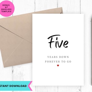 Afdrukbare jubileumkaart, trouwkaart, kaart wieden, 5e verjaardag, nog 5 jaar te gaan, afdrukken, digitaal, downloaden