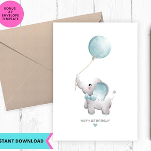 Joyeux 1er anniversaire à imprimer, carte d'anniversaire pour garçon, 1er anniversaire de bébé, carte de voeux, imprimable, numérique, téléchargement