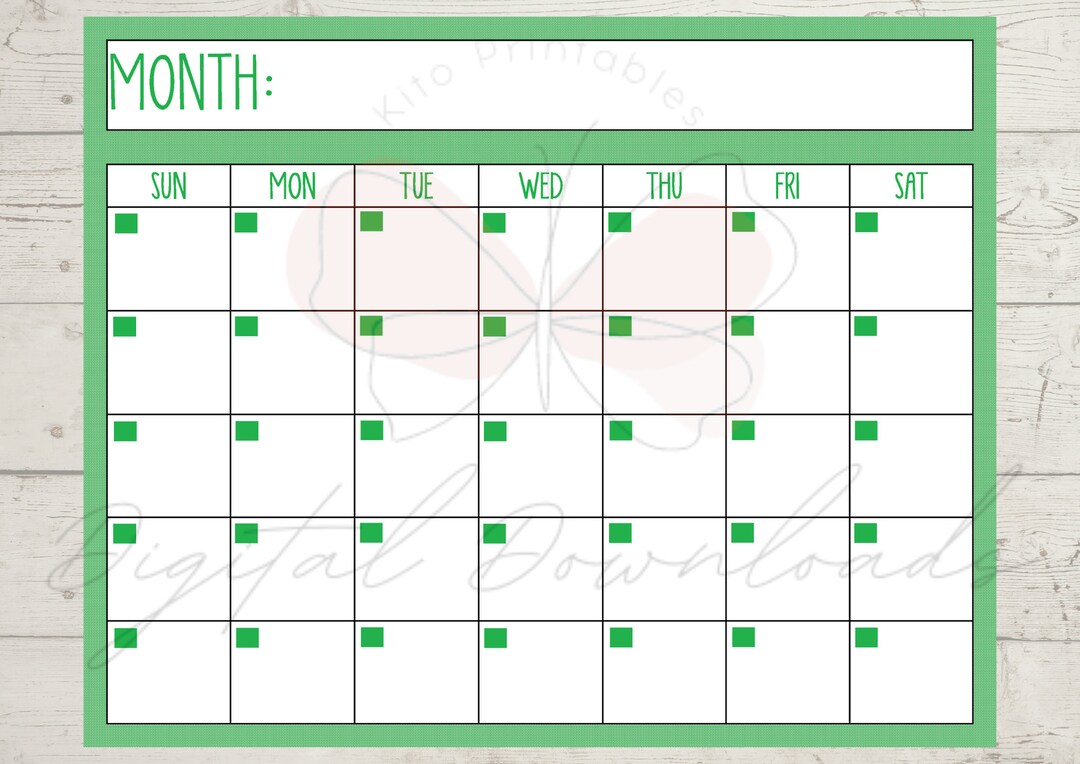Printable Green Calendar, Printable, Blank Calendar, Digital, Download ...