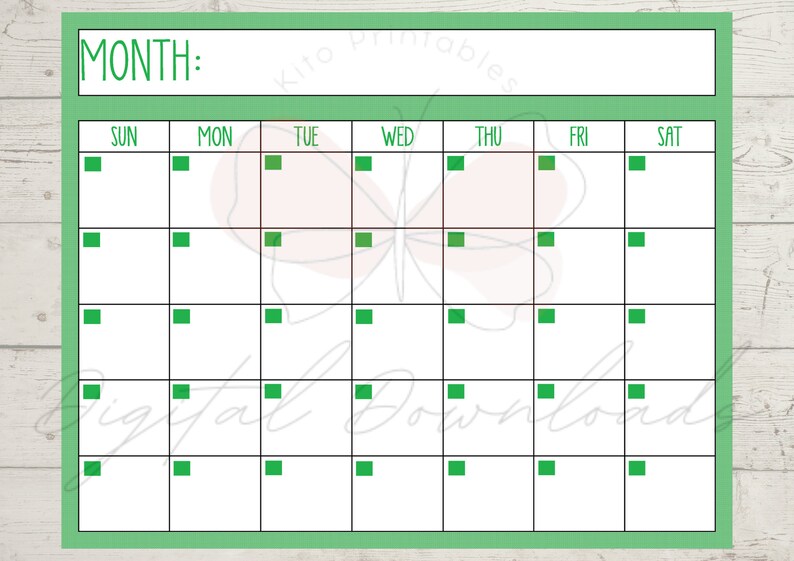 Printable Green Calendar, Printable, Blank Calendar, Digital, Download ...