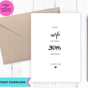 Cartão de aniversário de 30 anos para esposa para impressão, Cartão de aniversário para minha esposa, Cartão de felicitações para esposa, Para impressão, Digital, Download