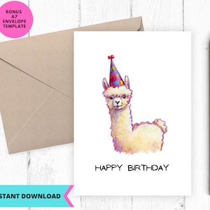 Printable Birthday Card, Alpaca Happy Birthday Card, , Greeting Card, Printable, Digital, Download