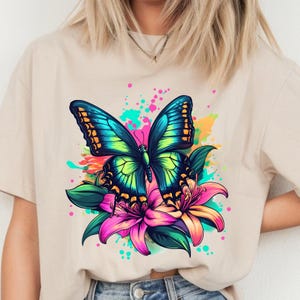Colorful Butterfly and Flowers PNG – Vibrant Floral Clipart for Sublimation Shirts, Mugs & Crafts, DTF Transfer Clipart