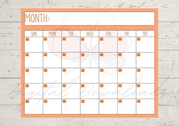 Printable Orange Calendar Printable Blank Calendar Digital - Etsy