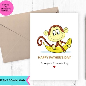 Afdrukbare kaart, grappige vaderdagkaart, Happy Fathers Day, Your little monkey, afdrukbaar, digitaal, download