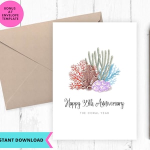 Tarjeta de aniversario imprimible, tarjeta de aniversario de bodas, tarjeta de boda, 35 aniversario, aniversario coral, amor, imprimible, digital, descarga