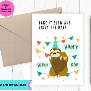 Tarjeta de cumpleaños imprimible, linda tarjeta de feliz cumpleaños con un perezoso, tarjeta de felicitación, imprimible, digital, descarga