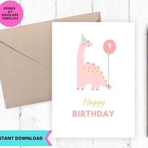 Printable Happy 1st Birthday, Birthday Card For Girl, Baby 1 year old Dinosaur Birthday Card, Greeting Card, Printable, Digital, Download