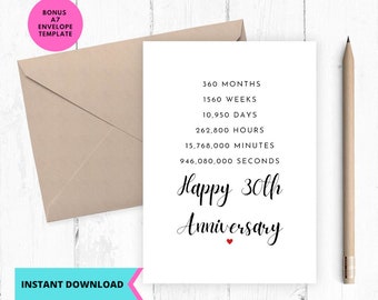 Karte zum 30-jährigen Jubiläum: Happy 30 Jahre Printable (Digitaler Download)