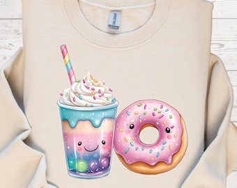 Donut et Boba Kawaii PNG | Clipart dessert mignon | Thé aux perles pastel | Sublimation de beignets | Nourriture mignonne png
