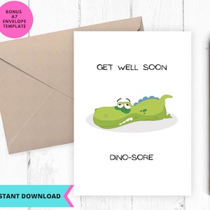 Imprimable carte de rétablissement, carte de rétablissement de dinosaure malade, dino-sore, carte de voeux, imprimable, numérique, téléchargement