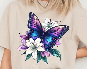 Purple Butterfly Floral Clipart: Sublimation Design (PNG)