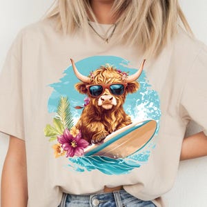Summer Highland png, Highland Cow Surfing sublimation, Summer DTF Design, Summer T-shirt designs, beach sublimation, surfing Png